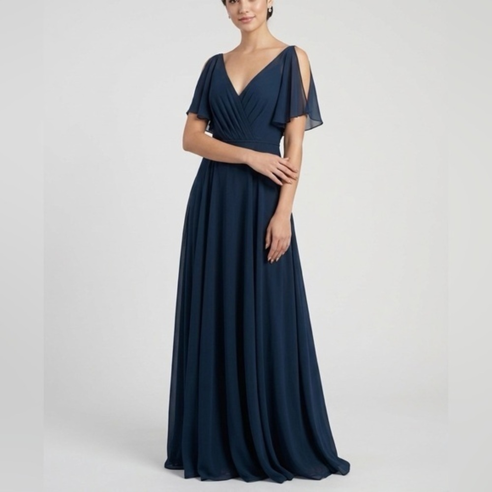 JENNY YOO Cassie Chiffon Bridesmaid Gown in Navy Blue NWT‎